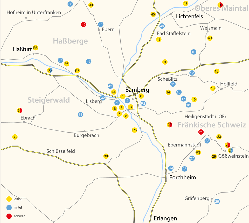 Übersichtskarte mit Eintragung der Kinderwagen- und Tragetouren Fränkische Schweiz/Bamberg