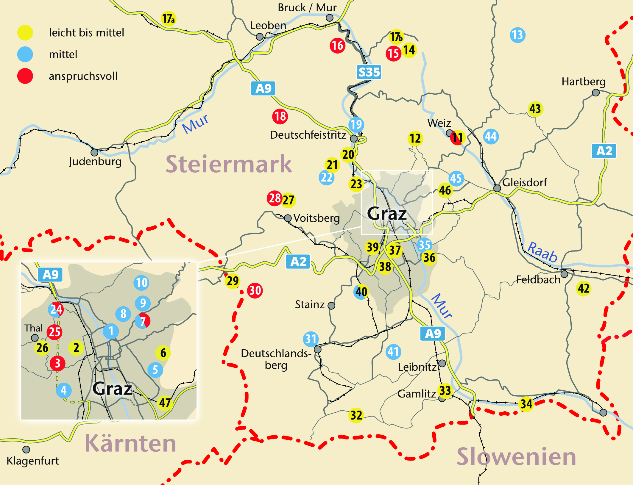 Karte von Graz und Umgebung mit Eintragung der Tournummern in den drei Schwierigkeitsgraden: leicht, mittel, schwer.